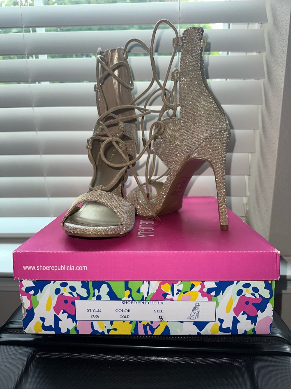 Shoe Republic LA Gold Glitter Lace-Up Stiletto Sandals